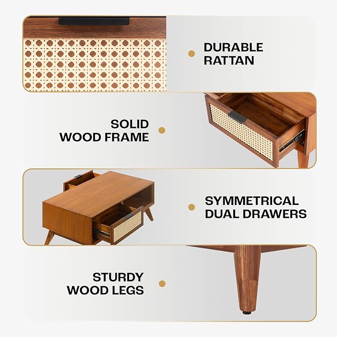 Bme Solid Wood Jasper Coffee Table with Storage, Accent Rattan Design, Good Choice for Living Room, Dark Chocolate