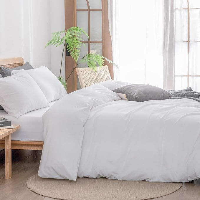 BESTOUCH Duvet Cover Set 100% Washed Cotton Linen Feel Super Soft Comfortable Chic Lightweight 3 PCs Home Bedding Set Solid Bright White Super King Plus