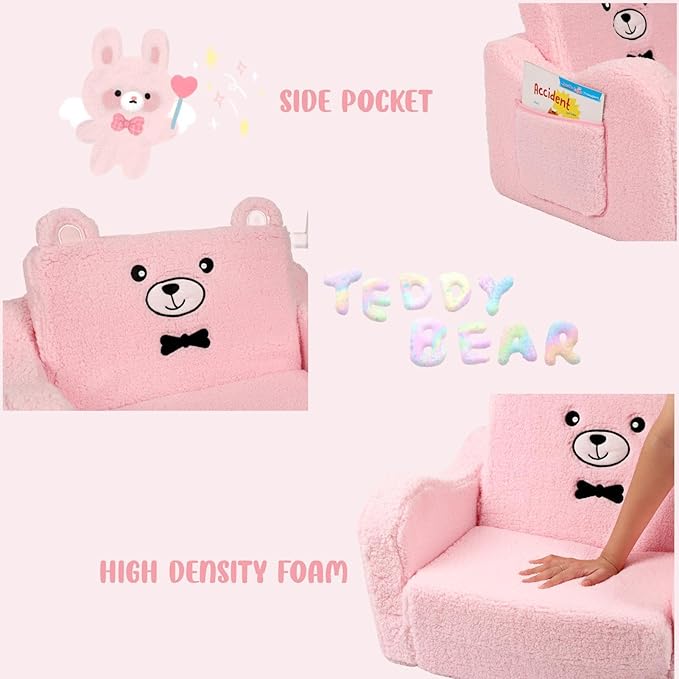 Kids Chairs for Toddler, 2-in-1 Toddler Soft Sherpa Couch Fold Out, Convertible Sofa to Lounger for Girls and Boys, Teddy Bear, Pink