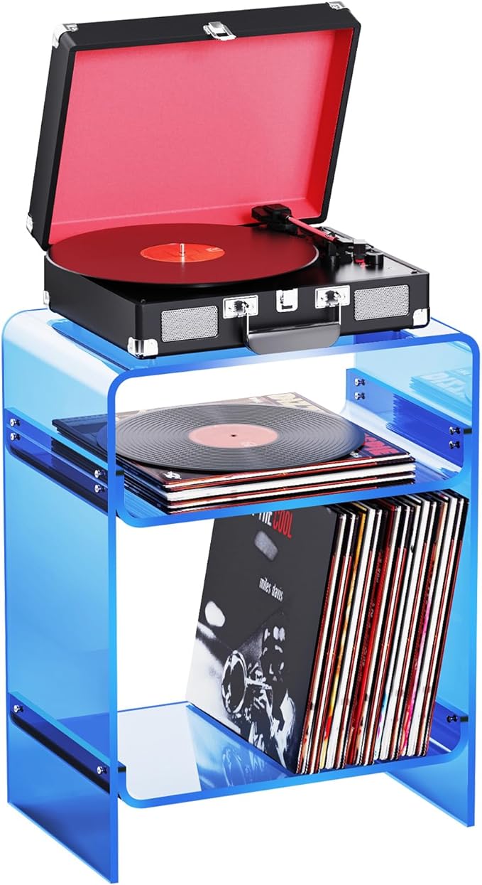 Acrylic Record Player Table with Storage Shelf, Clear Side Table Nightstand (Blue)