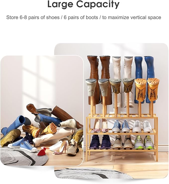 Boot Rack with Shoe Rack, Boot Rack Organizer Tall Boots for Closet, Bamboo Wood Shoe Shelf Storage Organizer for Entryway Small Space