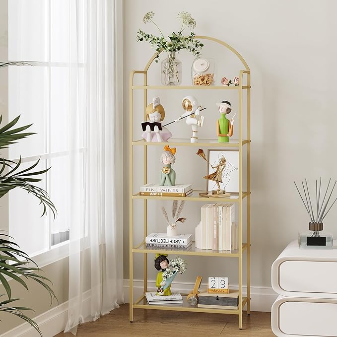 Bookcase Bookshelf, Tempered Glass Bookshelves, Slim Shelving Unit for Bedroom, Bathroom, Home Office, Steel Frame, 5 Tier Gold BC21599G