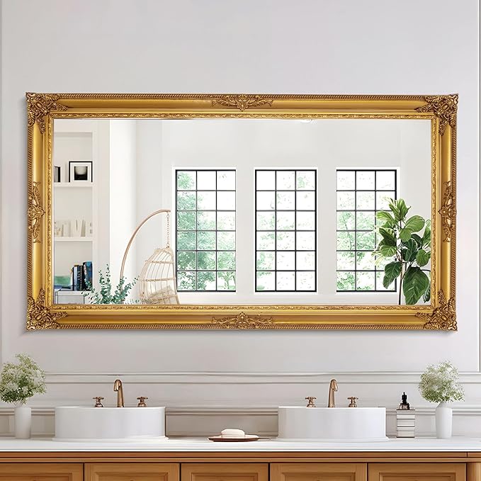 Large Decorative Mirror, 53"x29.5"Traditional Antique Baroque Mirror, Vintage Gold Decor for Living Room, Fireplace, Entryway, Horizontal/Vertical