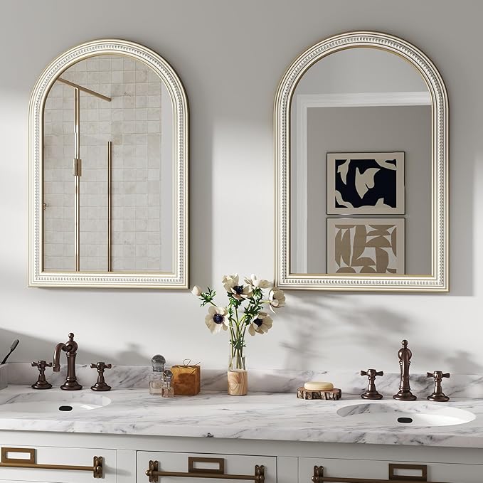 36x24 Inches Farmhouse Wooden Arched Wall Mirrors, Boho Decorative Arch Mirrors for Bathroom Over Sink, Living Room, Hallway, Foyer, Entryway