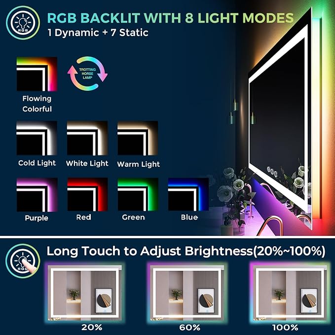 40x24 Inch RGB LED Bathroom Mirror Front Light and RGB Backlit Lighted Vanity Mirror for Bathroom Wall Mounted Dimmable Anti Fog Memory Shatter-Proof IP54 Waterproof Horizontal/Vertical