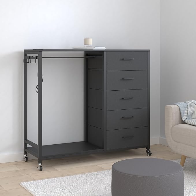 Cyclysio Dresser for Bedroom with Clothes Rack, 5 Fabric Drawers Dresser with Charging Station & LED Lights, Black Storage Chest of Drawers with Wheels, Wooden Top, Lockable Wheels, Closet, Black