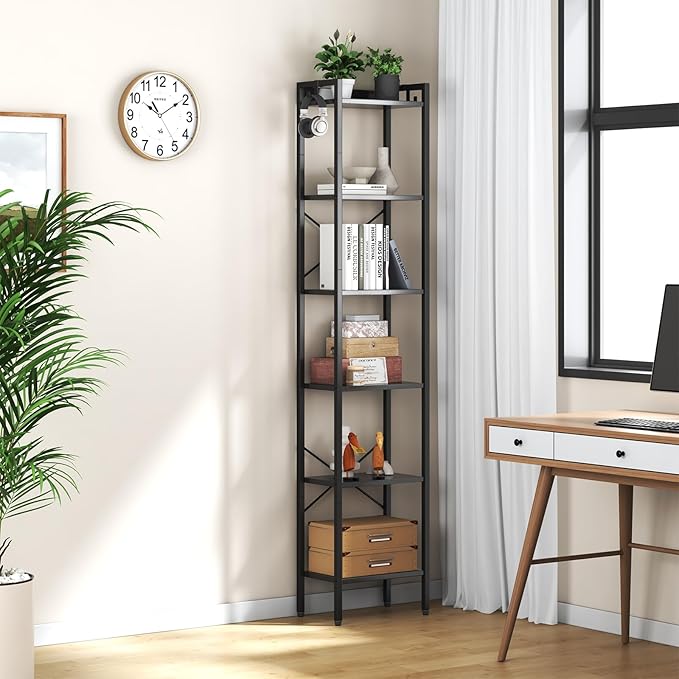5 Tier Bookshelf, Bookcase with 5 Shelves, Storage Rack Organizer, Corner Wood Storage Shelf with Metal Frame for Bedroom, Living Room (Black)