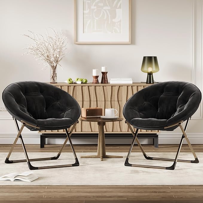 Comfy Saucer Chairs, Black Folding Reading Lounge Chair, Cozy Faux Fur Living Room Chair with Soft Thick Padded Seat & Metal Frame, Modern Style Bedroom Home for Kids Adults, X-Large, Gold Legs