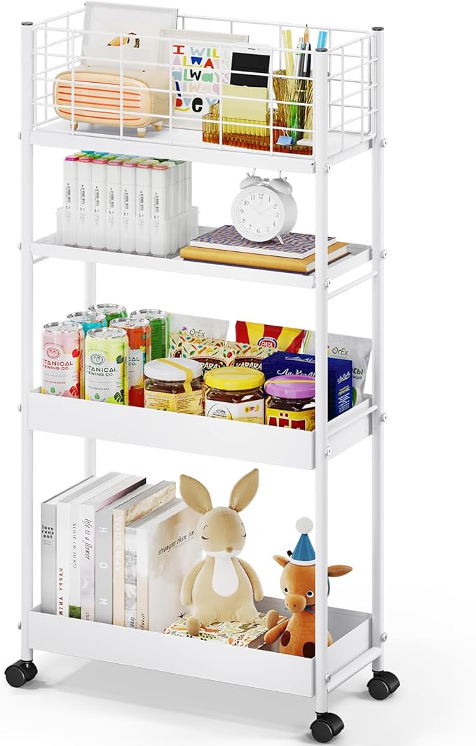 KINGRACK Slim Storage Cart, 4-Tier Metal Utility Rolling Cart with Wheels, Narrow Mobile Shelving Unit, Bathroom Storage Organizer, for Office, Kitchen Bathroom, Laundry Room, Narrow Places, White