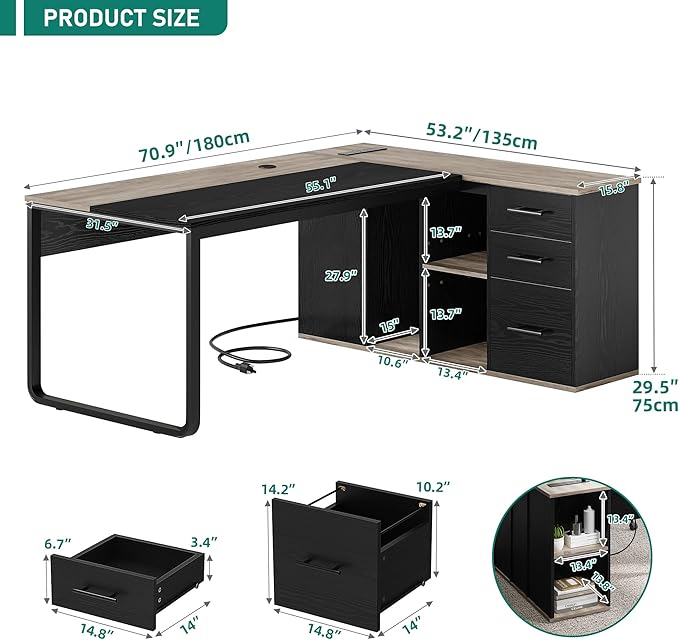 YITAHOME Executive Desk with Power Outlets, 71" L Shaped Desk with File Cabinet, Executive Desk with Drawers & Storage Shelves, Corner Office Desk with Bookshelf for Home Office, Grey & Black