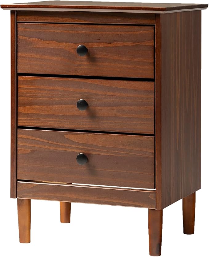 Walker Edison Traditional Wood 3 Drawer Nightstand Side Table Bedroom Storage Drawer and Shelf Bedside End Table, 18 Inch, Walnut
