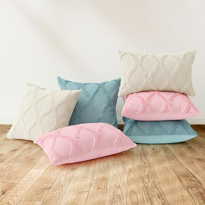 decorUhome Throw Pillow Covers 16x16 Inch Set of 2, Soft Plush Faux Fur Wool Light Pink Couch Pillow Covers, Decorative Neutral Pillow Cases for Bed Sofa Living Room Home Decor