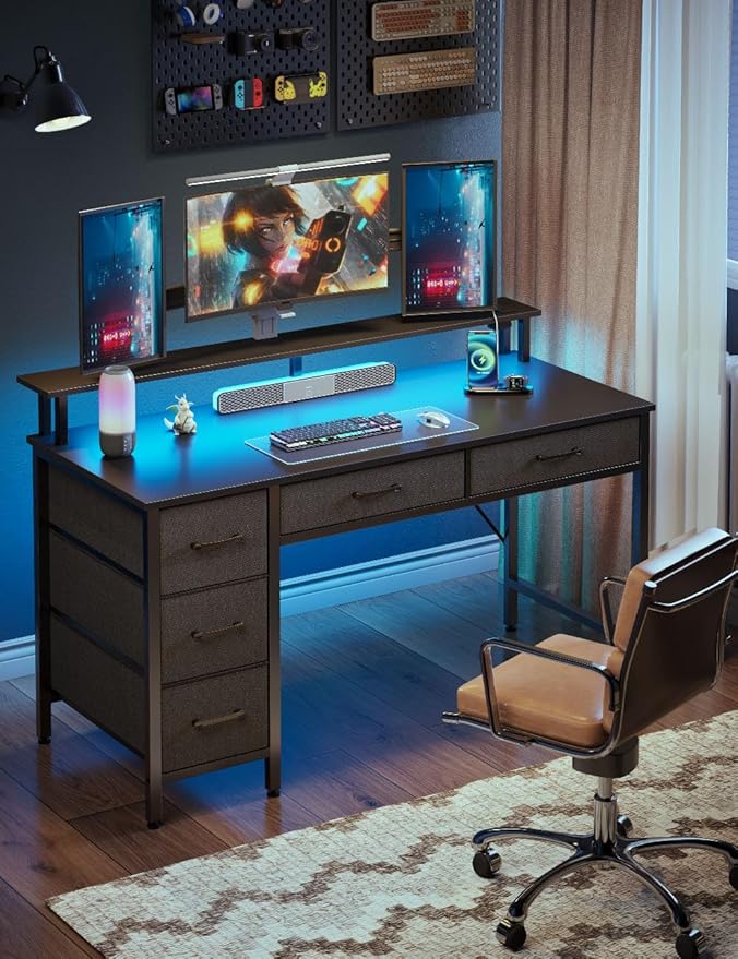 Seventable Computer Desk with Power Outlets & LED Light, 47 inch Home Office Desk with 5 Drawers, Writing Desk with Monitor Stand, Work Desk for Home Office, Black
