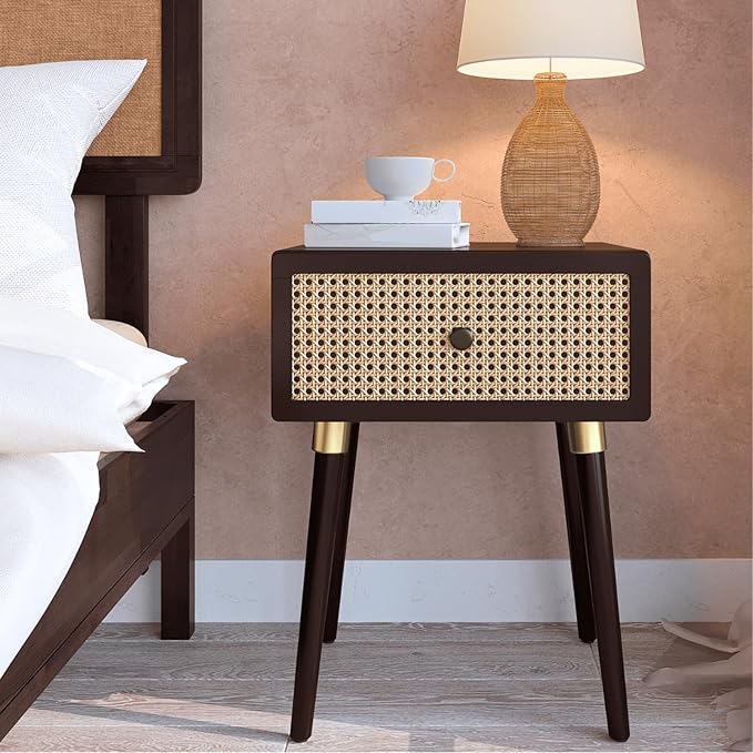 Bme Nipe Solid Wood and Rattan Nightstand, Fully Assembled, Woven Cane End Table, Bedside Table for Modern Bedroom, Boho Living Room with Tall Wood Legs Large Storage 1-Drawer, Walnut