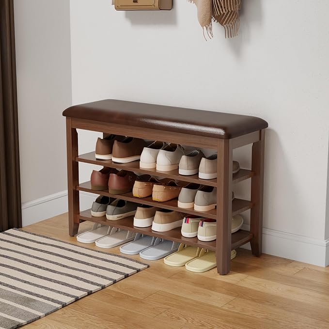 Shoe Bench with Leather Cushion, 3 Tiers Shoe Storage Bench Height Adjustable, Walnut Wood Entryway Bench for Hallway, Mudroom
