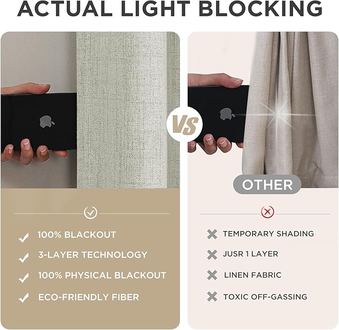 Joydeco 100% Blackout Curtains for Bedroom - Natural Linen Curtains 100" W x 108" L Long, Thermal Insulated 1 Panels Light Beige. Room Darkening Light Blocking Drapes for Living Room