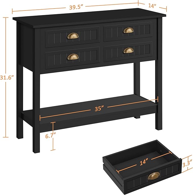 Yaheetech Console Table with 4 Drawers, Sofa Side Table with Bottom Open Storage Shelf, Heavy-Duty Entryway Tables for Hallway/Living Room, 39.5x14x32 inch, Black