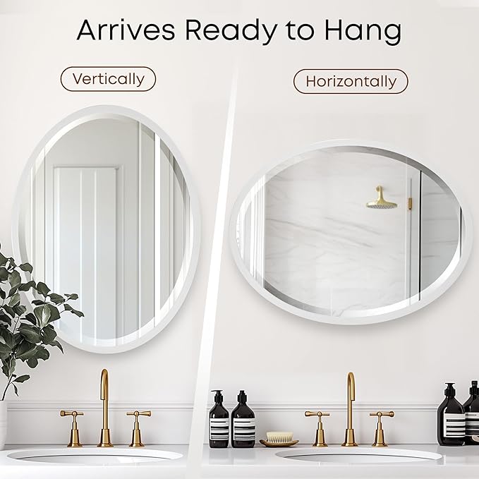 OVALCREST - Oval Wooden Beveled Wall Mirror for Home Decor, Bathroom, Vanity, Bedroom, Living Room, Hallway - London Style (Linen White) 23.1 x 29.1