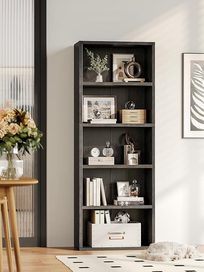 Casaottima 5-Tier Open Bookshelf and Bookcase, Floor Standing Display Storage Shelves for Living Room, Tall Book Shelf for Bedroom, Home Office, Dining Room, Black