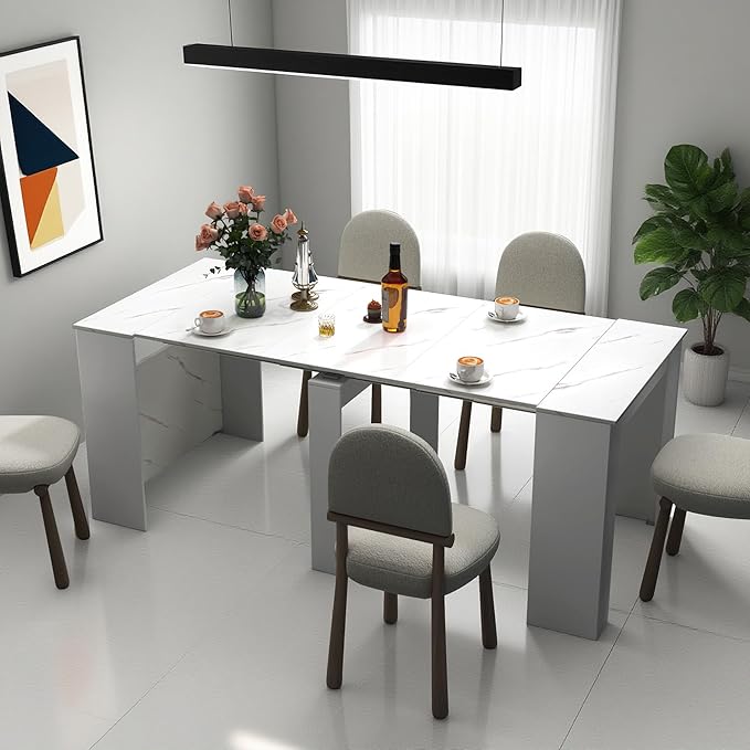 Expandable Dining Table, Convertible Table for Dining Room, Kitchen and Small Spaces, for 2-10 People, White Marble