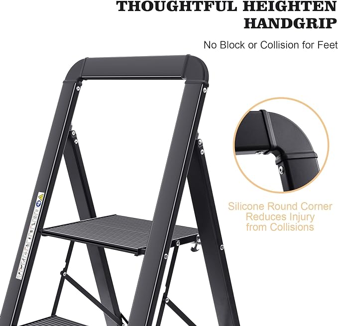 KINGRACK Aluminium 5 Step Ladder, Lightweight Step Stool with Non-Slip Pedals, Handrail, Folding Step Ladder for Kitchen, Garage, Home, Space Saving, Sturdy and Portable, Black