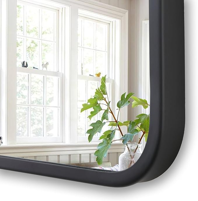 27"x40" Bathroom Wall Mirror with Matte Black Metal Frame & HD Glass, Copper-Free Mirrors Modern Rectangle Round Corner Framed Vanity Mirror - Horizontal or Vertical Installation