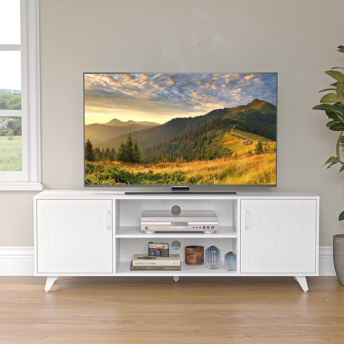 Panana Mid Century TV Stand Entertainment Center with 2 Doors, Wooden Medial Console Table for Living Room Furniture, 53.5" x 15" x 21.7" (White)