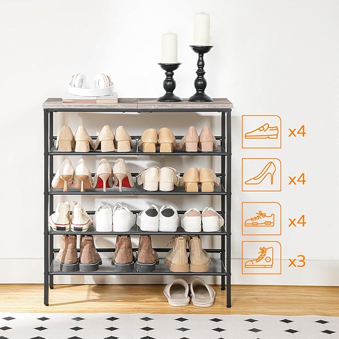 HOOBRO Shoe Rack for Entryway, 5-Tier Shoe Organizer with Adjustable Mesh Shelves, 16-20 Pairs of Shoes, Spacious Floor Mount, Metal, Industrial, Shoe Shelf for Closet, Greige BG12XJ01