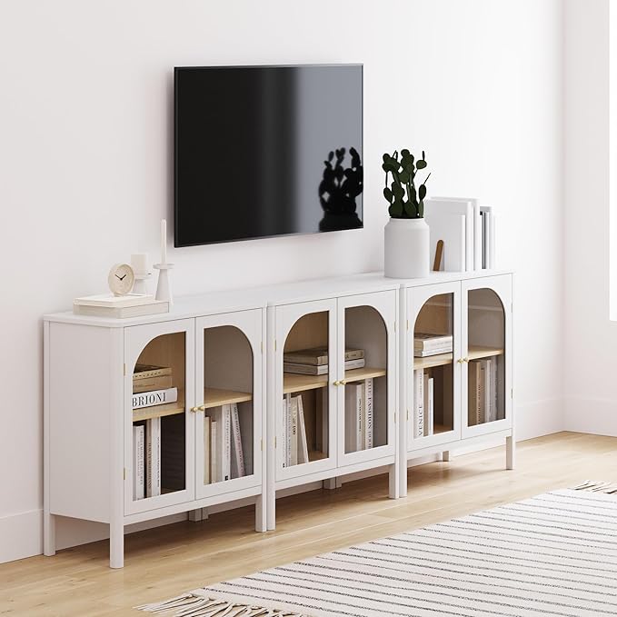 Nathan James Mason Wood Storage Cabinet Accent Sideboard Buffet Credenza TV Stand with Glass Doors and Adjustable Shelf for Dining Room, Entryway or Living Room, Clear Glass/White/Light Oak, Set of 3