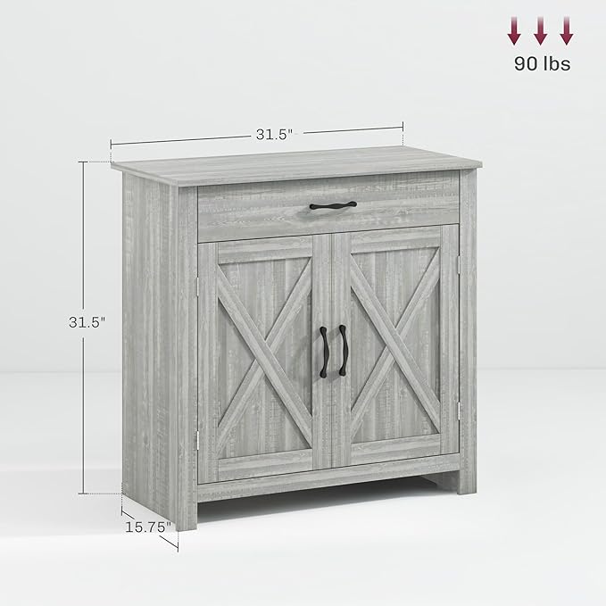 HOMCOM Farmhouse Sideboard Buffet Cabinet, Barn Door Coffee Bar Cabinet with Drawer and Adjustable Shelf, for Living Room, Entryway, Stone Gray