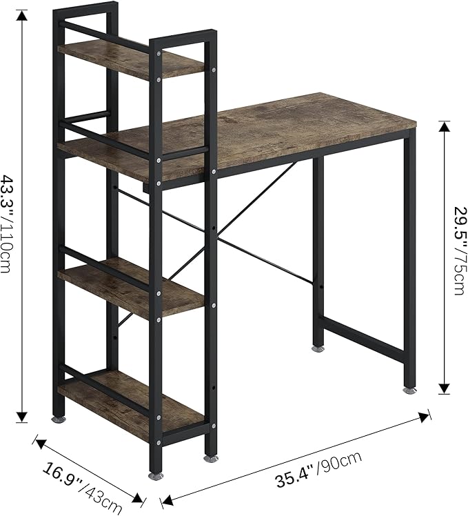 4NM 35" Small Computer Desk with 4-Tier Bookshelf, Home Office Desk Writing Workstation Study Table Multipurpose for Small Space Work - Rustic Brown and Black