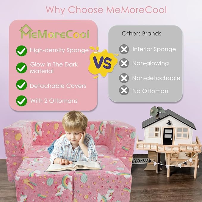 MeMoreCool Modular Kids Sofa,Toddler Play Couch Fold Out for Playroom, Glow in Dark Convertible Plush Unicorn Foam Chair for Baby Childrens