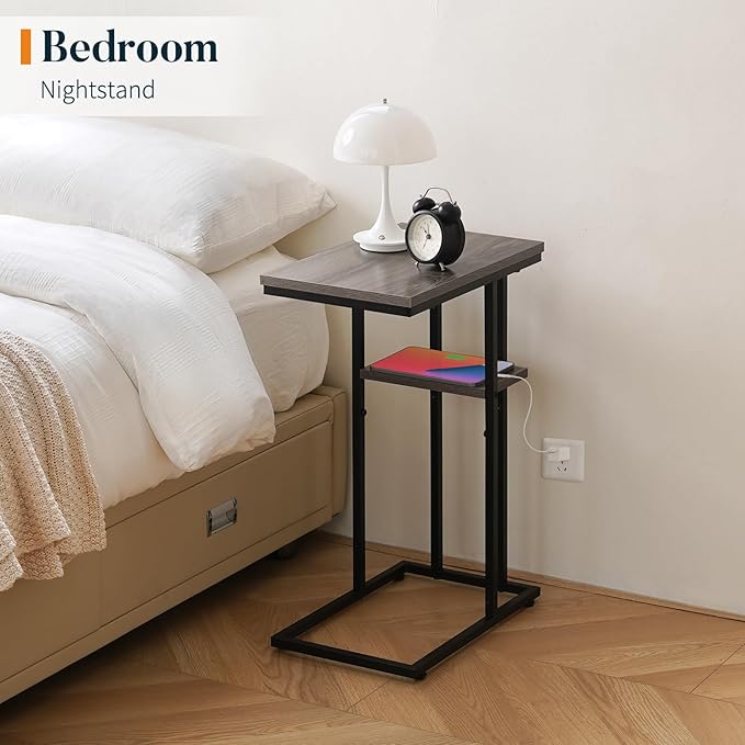 Yoobure C Shaped End Table, Side Table for Couch and Bed, Small Side Tables for Small Spaces, Living Room, Bedroom, Rustic Snack Tables