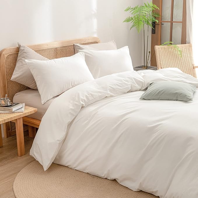 BESTOUCH Duvet Cover Set 100% Washed Cotton Linen Feel Super Soft Comfortable Chic Lightweight 3 PCs Home Bedding Set Solid Off White Super King