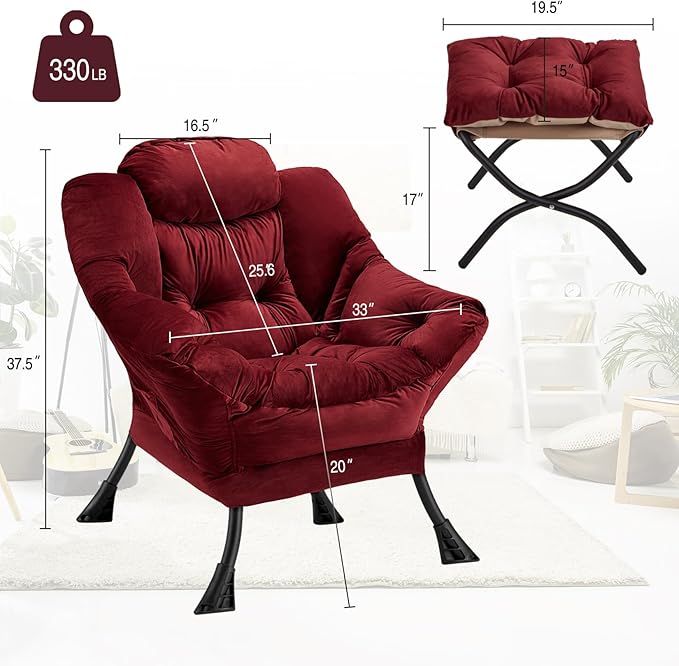 Lazy Chair with Folding Ottoman Modern Large Accent Chair,Contemporary Lounge Leisure Sofa Chair with Armrests Upholstered Sofa Armchair Reading Chair for Bedroom,Dorm&Office (Dusty Rose-f)