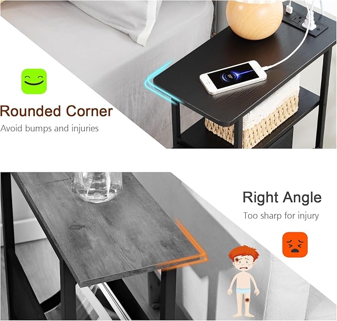 Narrow End Table Living Room with Charging Station, Skinny Side Table with Fabric Drawers, Slim LED Nightstand for Bedroom, Small Spaces, Couch, Black, HETNDP03LBK-1