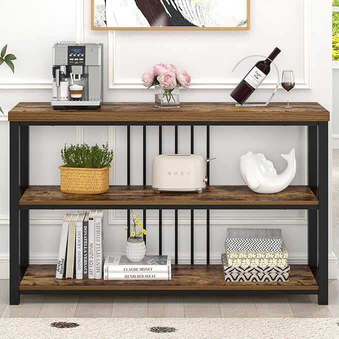 FOLUBAN Industrial Console Table, 3 Tier Entryway Table, Sofa Foyer Table for Living Room Hallway Behind Couch, Rustic Brown