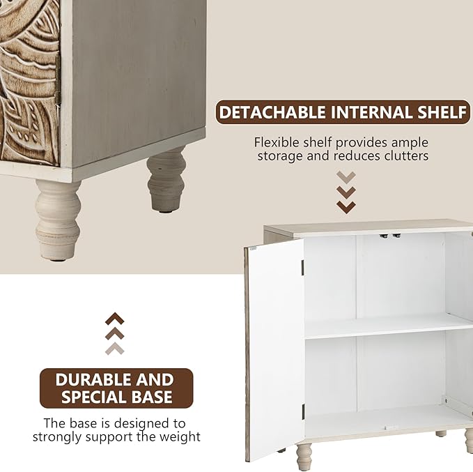 COSIEST Set of 2 32" Buffet Sideboard Cabinets with Storage, Accent Cabinet with Push-to-Open Doors, Vintage Lotus Carved Pinewood Doors, Entryway Console for Living Room, Kitchen, Hallway, Gray