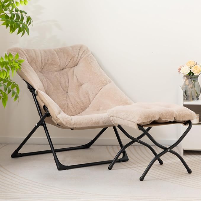 HollyHOME X-Large Saucer Chair with Foldable Ottoman, Comfy Oversized Folding Chair and Folding Footrest Stool Set, Faux-Fur Reading Chair and Footstool for Living Room, Light Khaki Chair&Stool