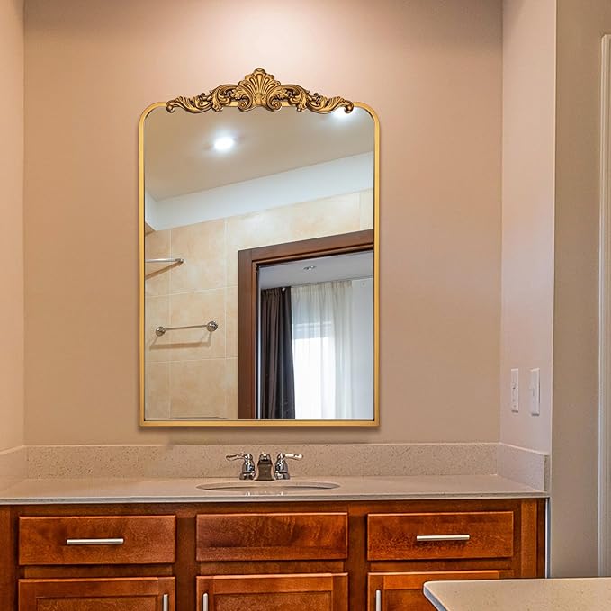 Ruomeng Traditional Wall Mirror, Vintage Bathroom Mirror Baroque Inspired Wall Décor, Gold Accent Mirror for Vanity Entryway and Living Room, 24” x 36"