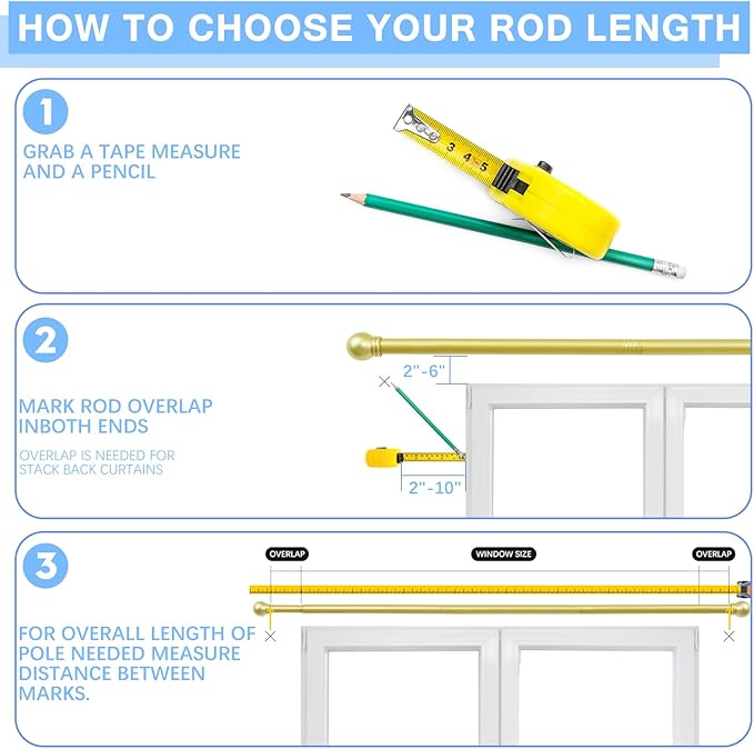 Curtain Rods for Windows 16 to 92 Inches, Curtain Rod Max Adjustable Length of 104 IN, 6/8" Diameter Drapery Rods Round Finials, Warm Gold, Pack of 1