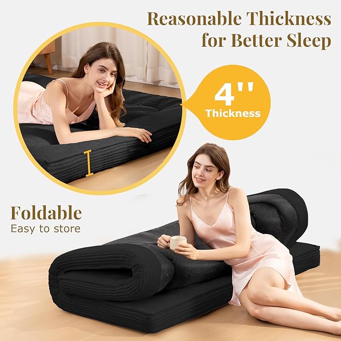 Japanese Floor Mattress, 4" Thicken Futon Mattress Twin Size Sleeping Pad, Corduroy Foldable Floor Pad, Roll Up Tatami Mat for Adults Guest Room Bedroom, Black