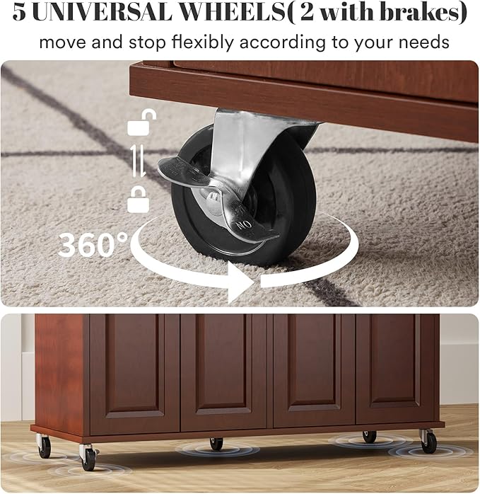 Rovibek Kitchen Island On Wheels Rolling Islands with Storage & Drawers Cabinet Spice Rack Towel Rack, Brown