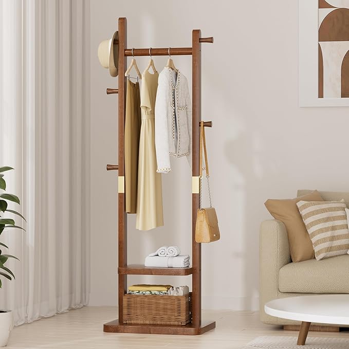 Solid Wood Coat Rack Clothes Rack, Coat Rack Freestanding with 2 Shelves and 5 Hooks, Heavy Duty Coat Tree for Entryway, Living room, Coat Hanger Stand for Hats, Bags Clothes(Walnut Brown)