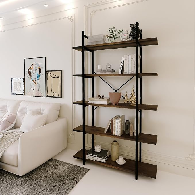 5 Tiers Bookshelf Organizer Industrial Shelf,Modern Open Display Storage Bookcase,Rustic Brown and Metal Bookshelf Standing Storage Shelf Tall Shelving Units for Home Office Study.