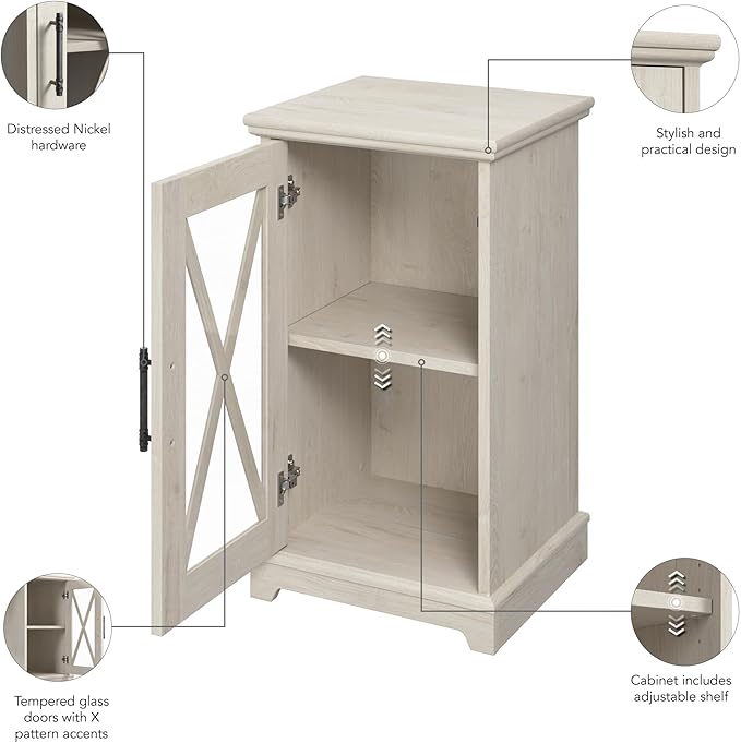 Bush Furniture Lennox Small Farmhouse End Table with Storage in Linen White Oak | Living Room Organization
