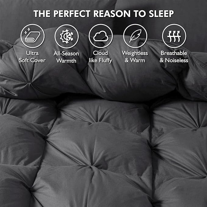 Luxurious Goose Down Feather Fiber Comforter Oversize California King Size Duvet Insert, Pinch Pleat Ruffled Twisted Flower, 108 x 98 inches, 100% Egyptian Cotton Cover, 80 oz. Fill Weight, Gray