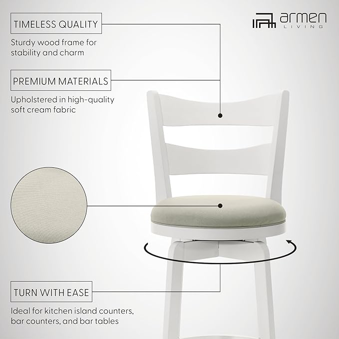 Armen Living Blair 30 in. Matte White Bar Height Rubberwood Swivel Barstool with Fog Fabric Seat - Set of 2