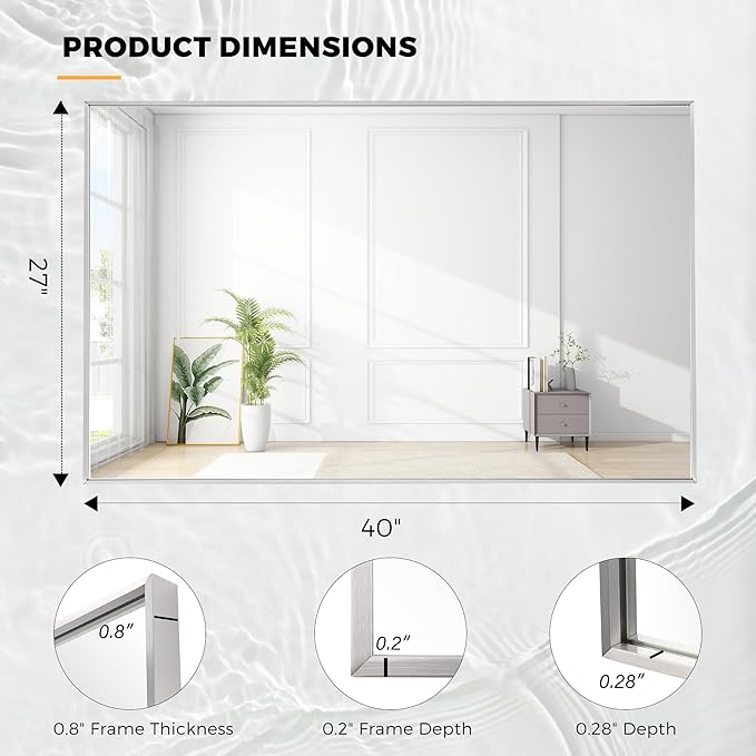 27x40 Inch Nickel Bathroom Mirror for Wall, Aluminum Frame Rectangle Rectangular Vanity Mirror, Modern Large for Bedroom, Living Room, Horizontal or Vertical