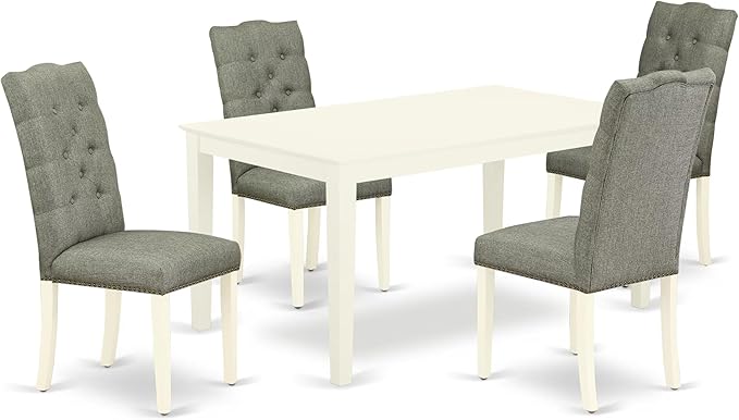 East West Furniture CAEL5-LWH-07 5 Piece Dining Table Set for 4 Includes a Rectangle Kitchen Table and 4 Gray Linen Fabric Upholstered Parson Chairs, 36x60 Inch, Linen White